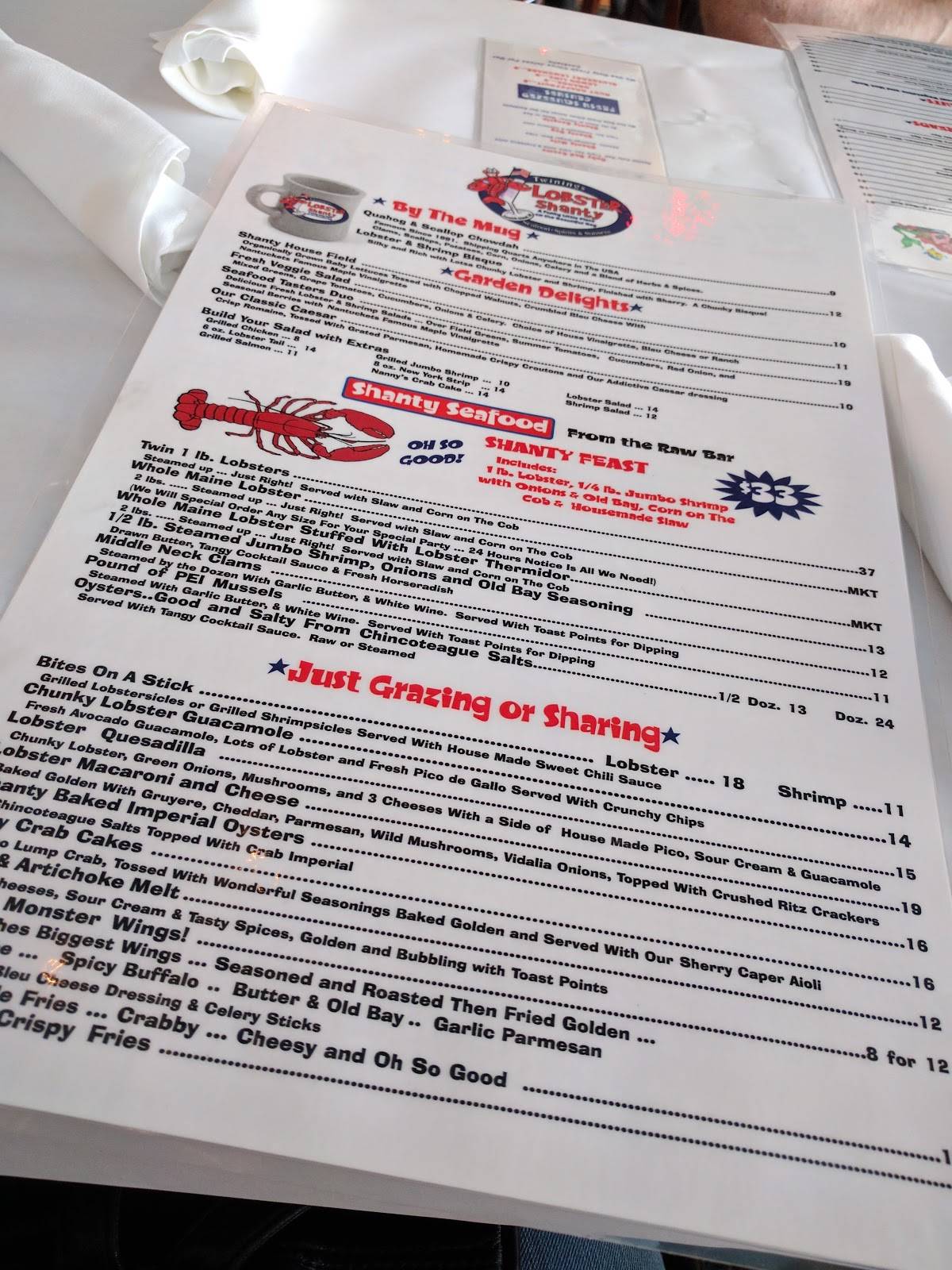 Menu at The Lobster Shanty restaurant, Fenwick Isle