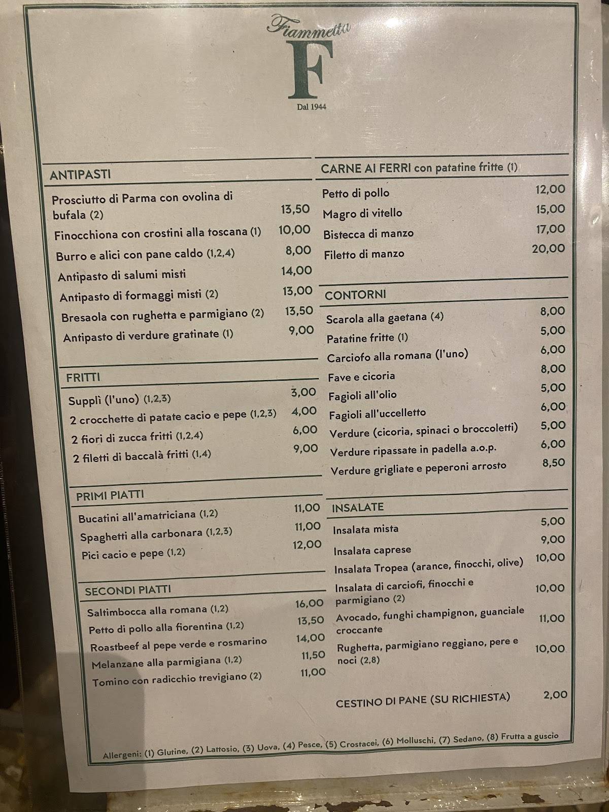 Menu de Fiammetta