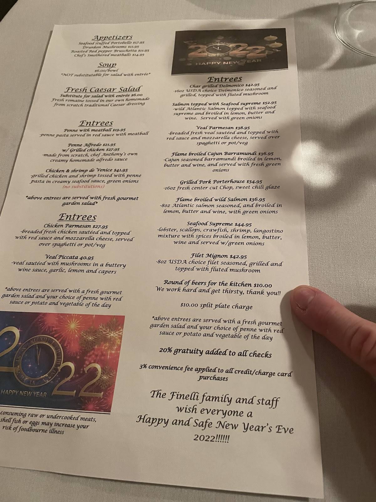 Menu at Finelli's Italian Villa restaurant, Altoona