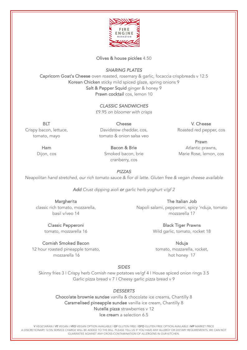 Menu at Fire Engine pub & bar, Marazion