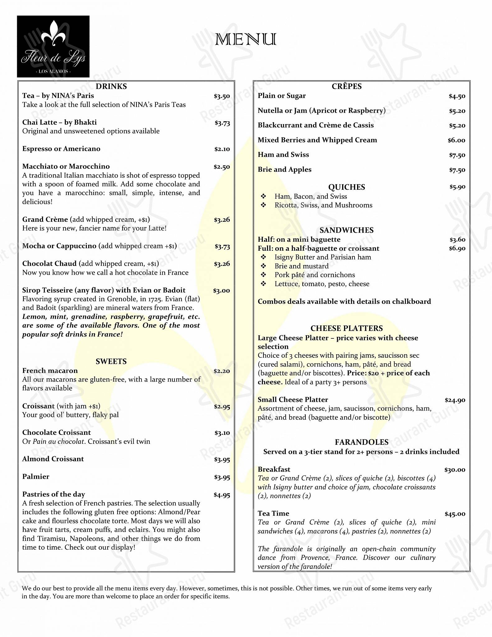Menu at Fleur de Lys cafe, Los Alamos