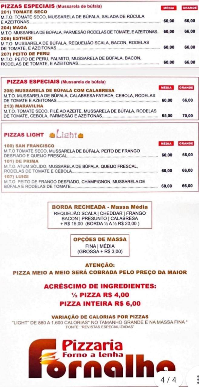 Fornalha Pizzaria cardápio