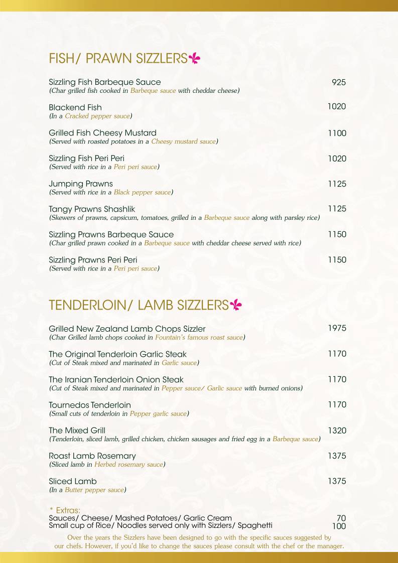 Fountain Sizzlers menu