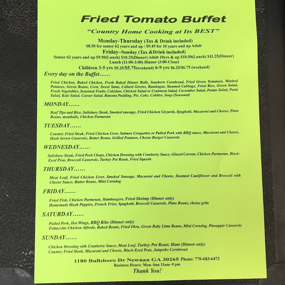 Menu at Fried Tomato Buffet restaurant, Newnan, Bullsboro Dr