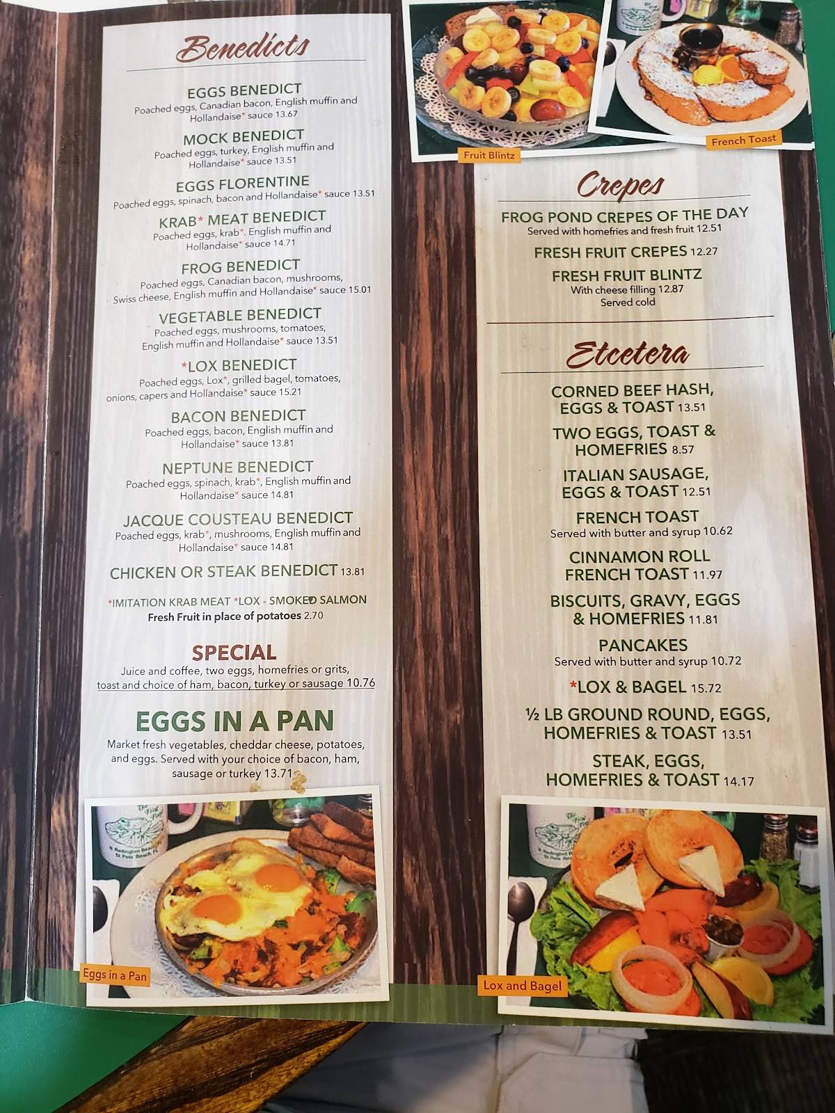 Menu at Frog Pond restaurant, North Redington Beach