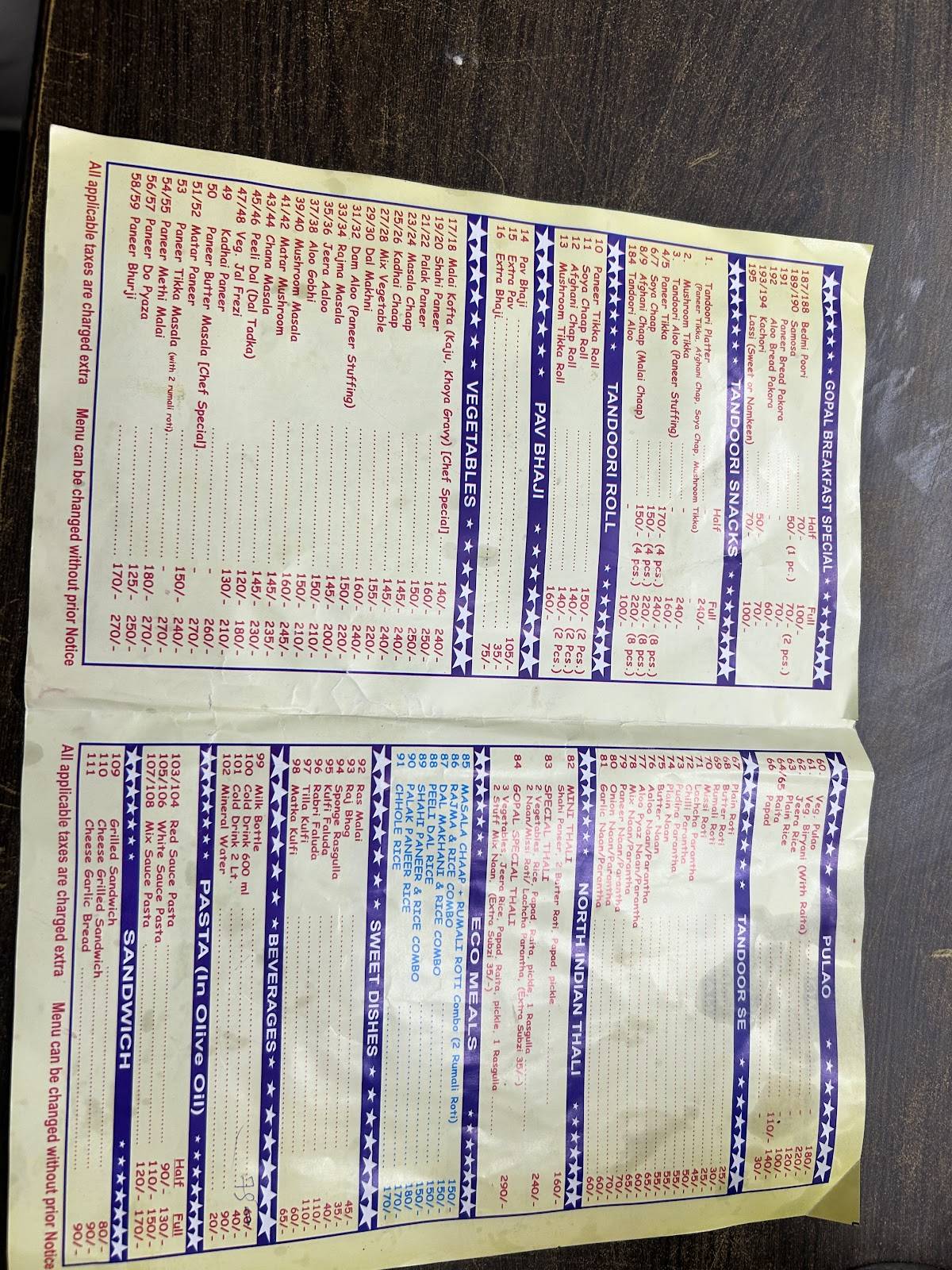 GOPAL SWEETS CORNER menu