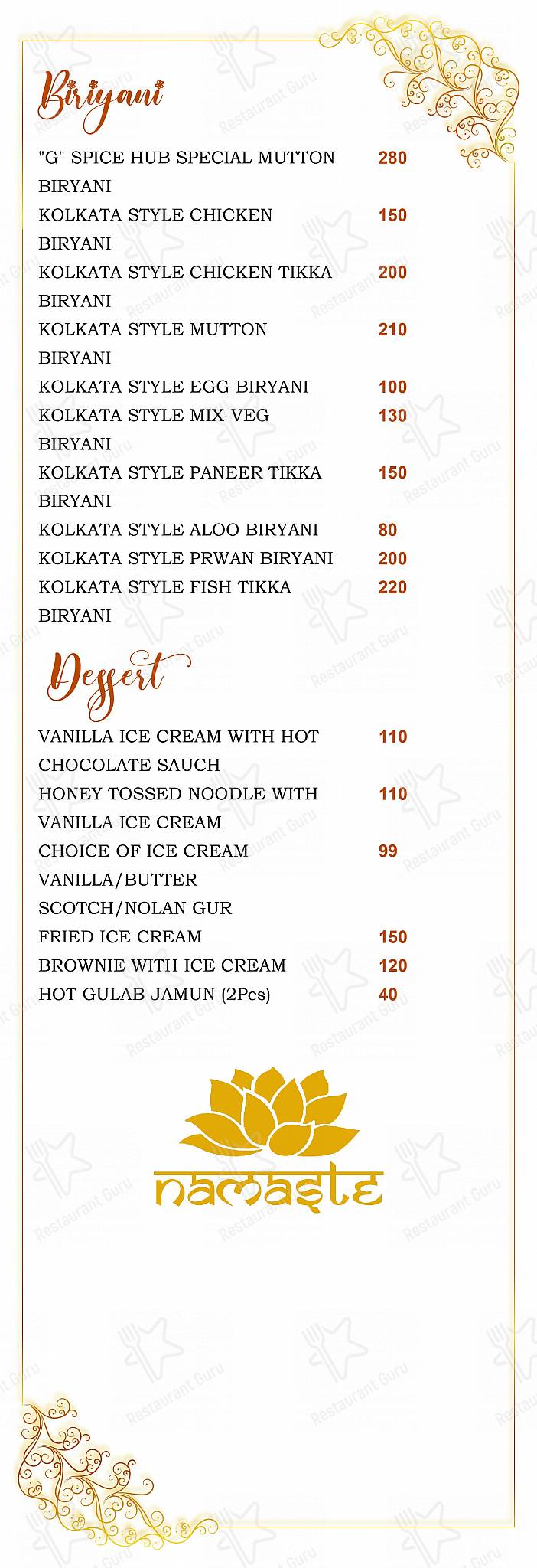 GOPALS SPICE HUB menu