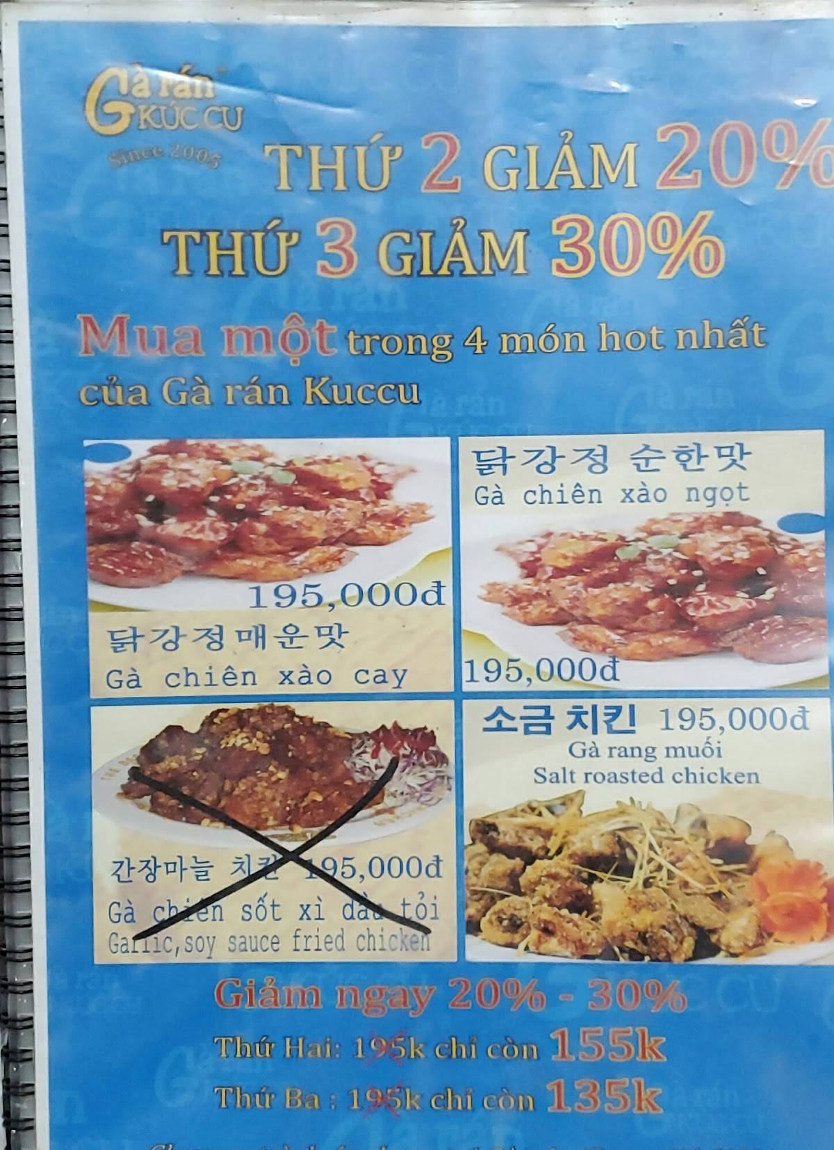 Menu at Gà Rán KucCu restaurant, Hanoi, 23 Ng. 26 P. Đỗ Quang