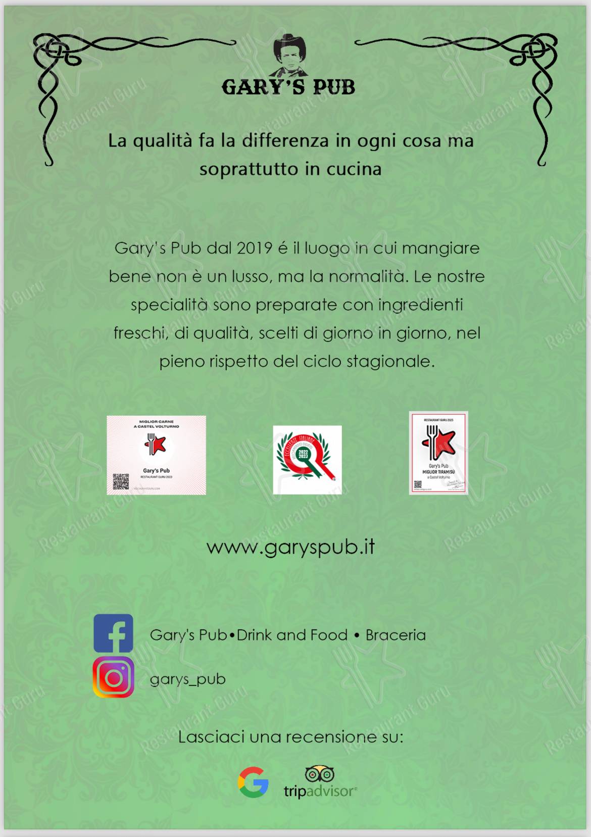 Menu di Gary’s Pub Braceria - piatti e bevande