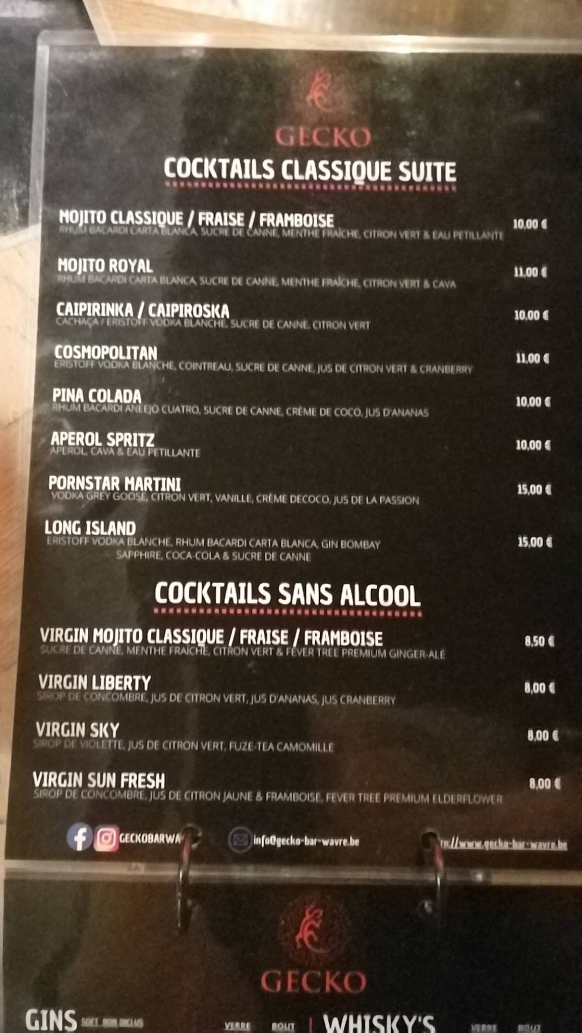Menu de Gecko Wines, Spirits & Beers Bar