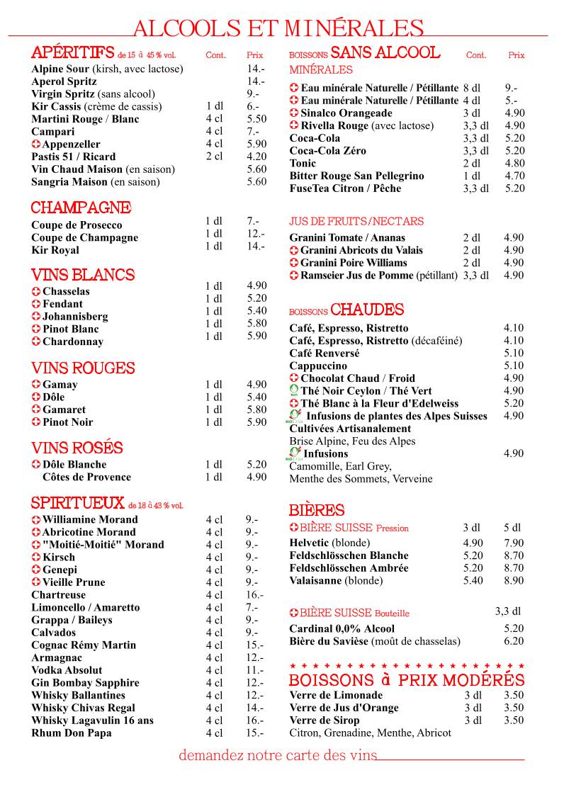 Menu di Auberge de Savièse 