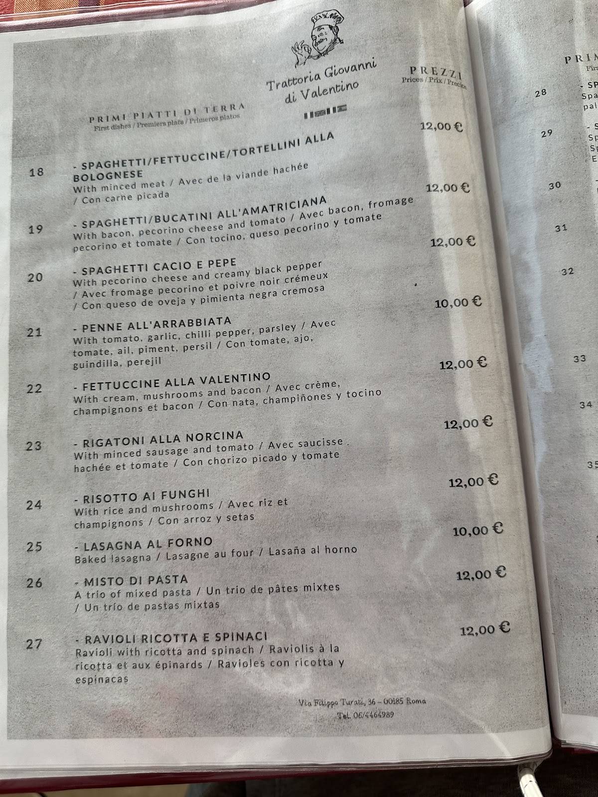 Menu di Trattoria Giovanni di Valentino 