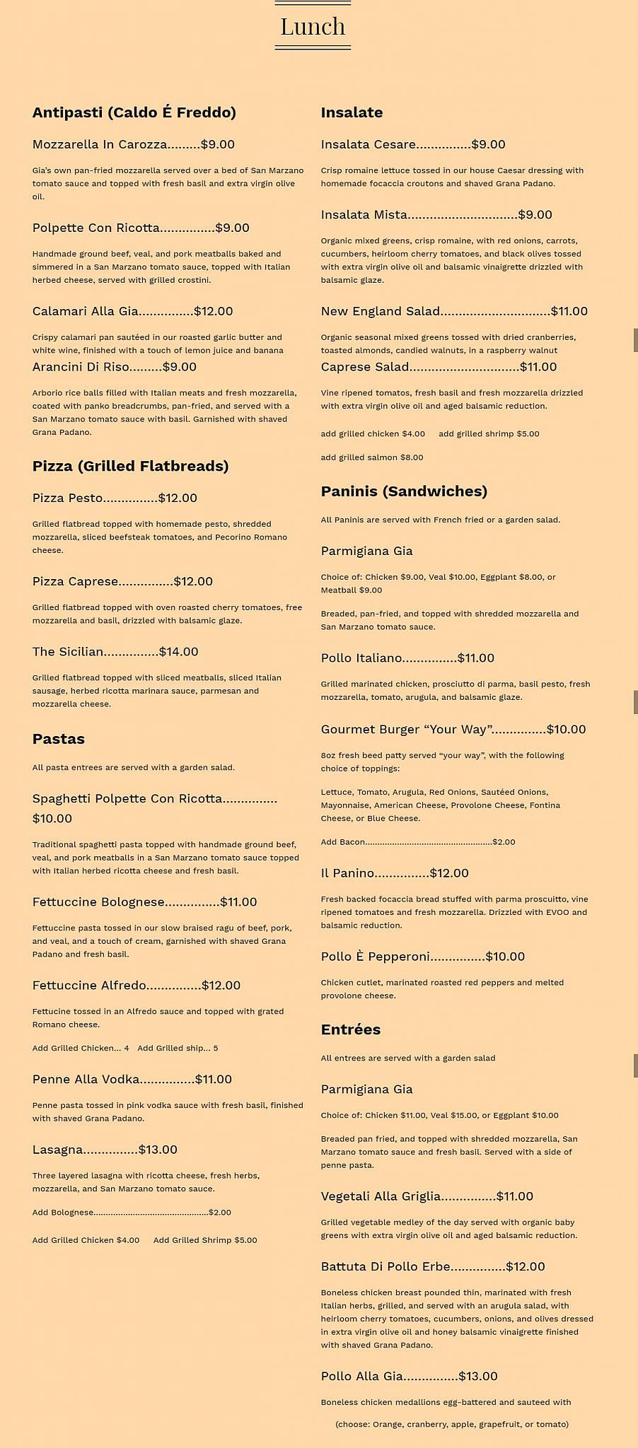 Menu at Gia Ristorante Italiano restaurant, Uxbridge