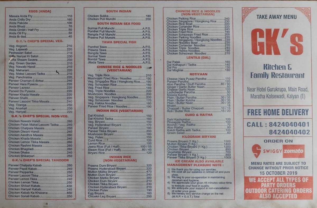 Gk's kitchen menu