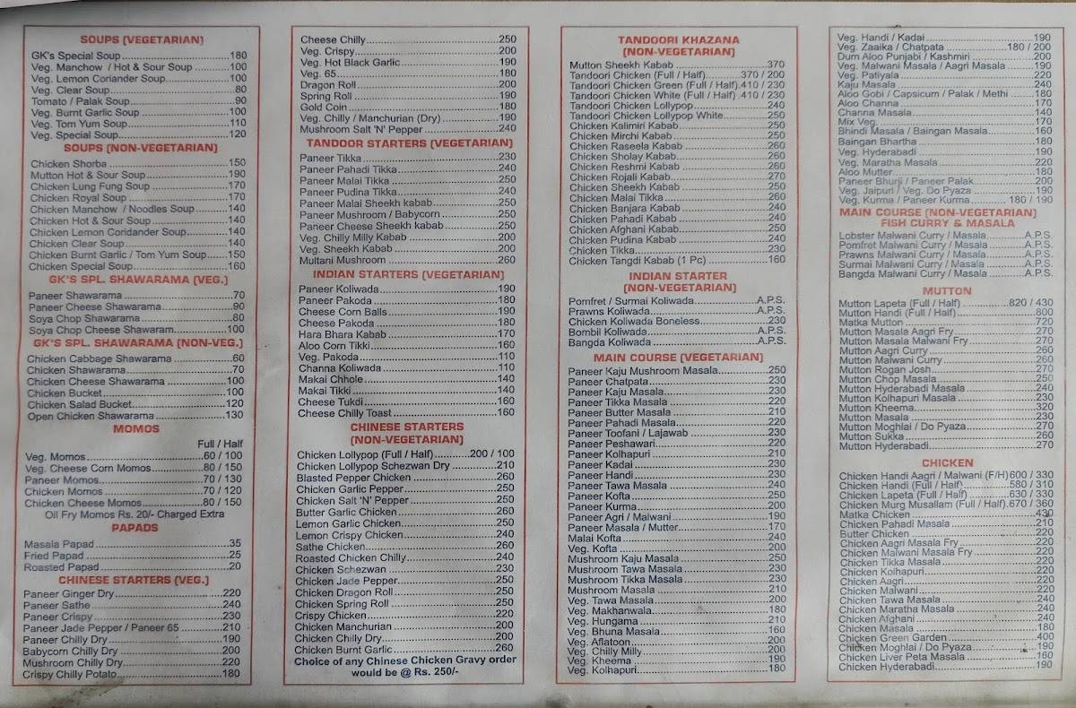 Gk's kitchen menu