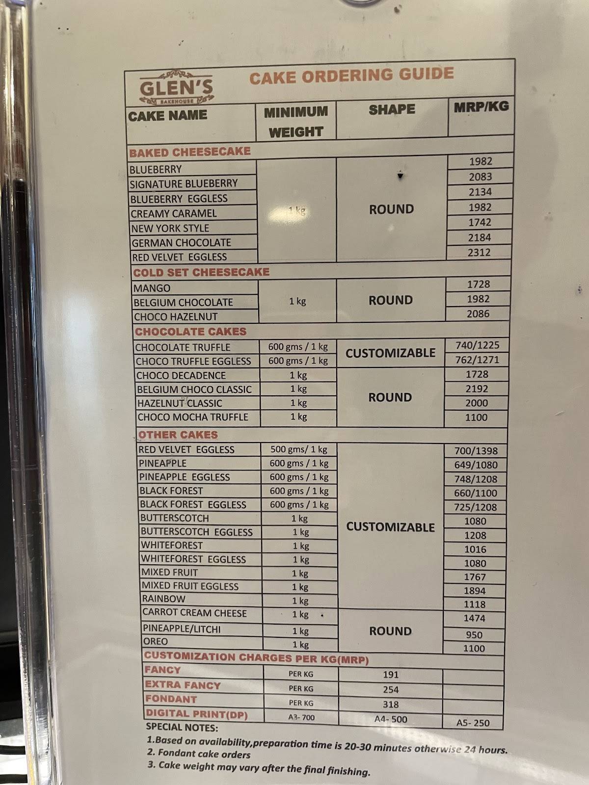 Glen's Bakehouse menu