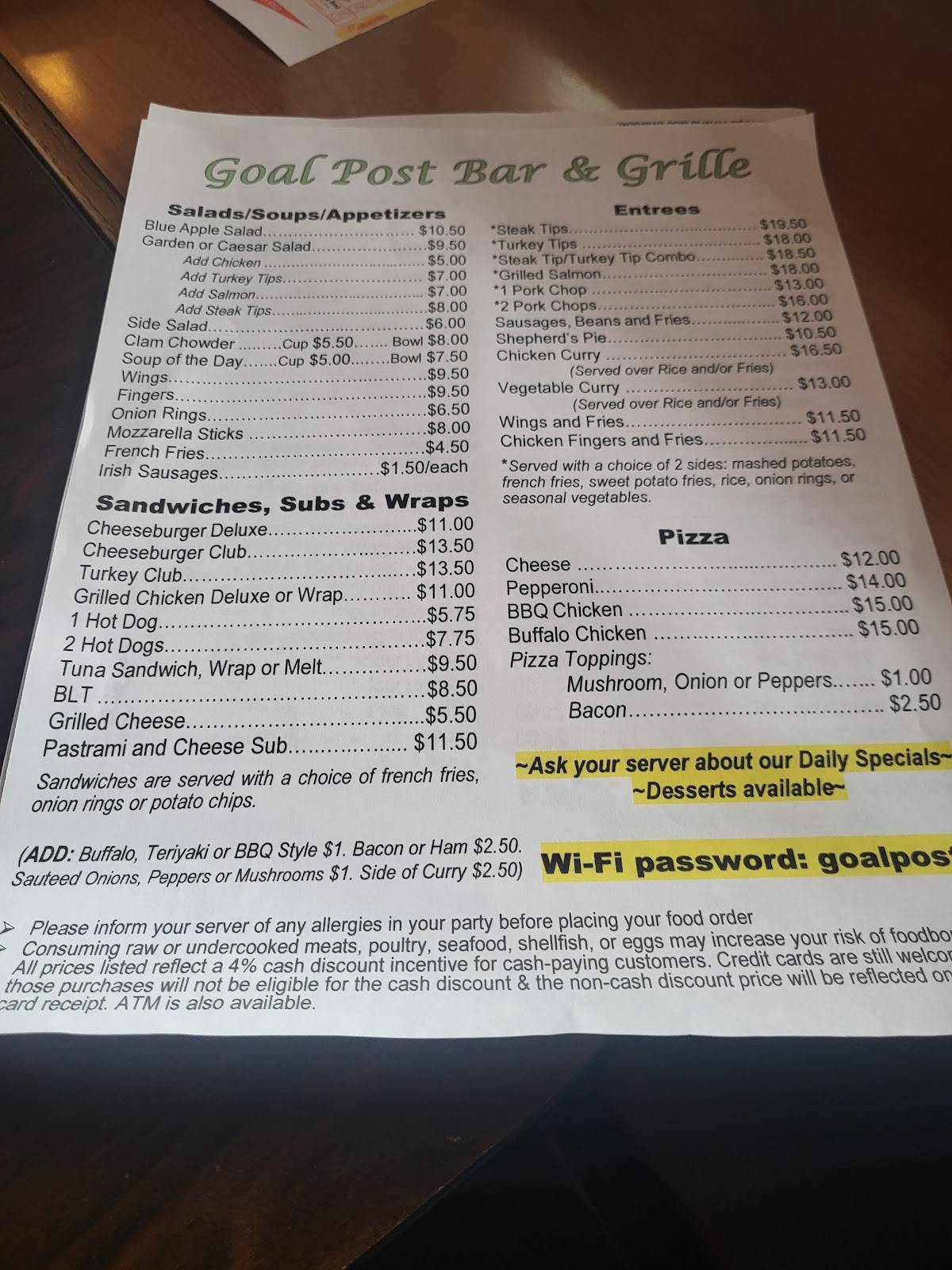 Menu at Goal Post Bar & Grille, Quincy
