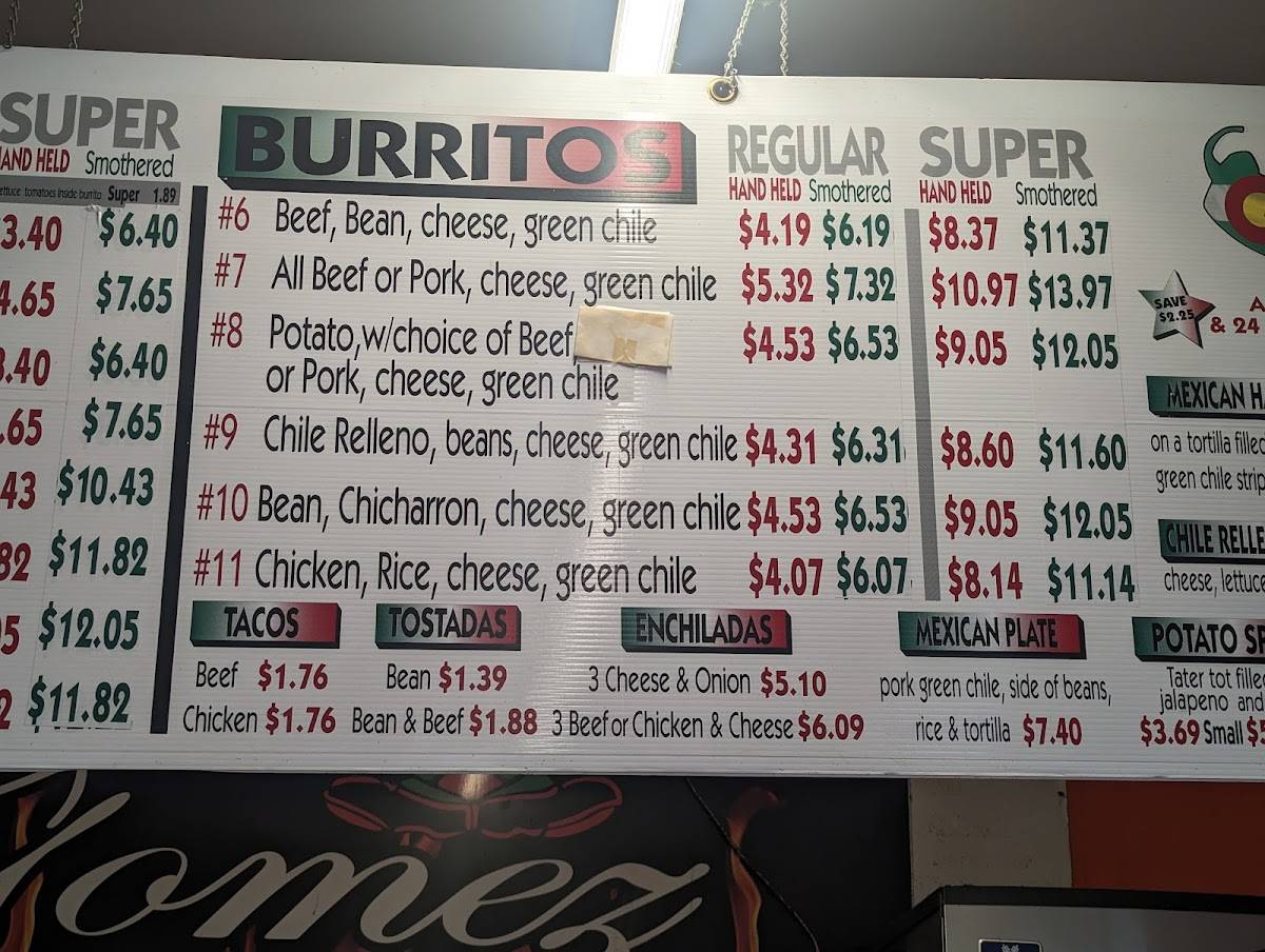 Menu at Gomez Burritos restaurant, Denver, Washington St