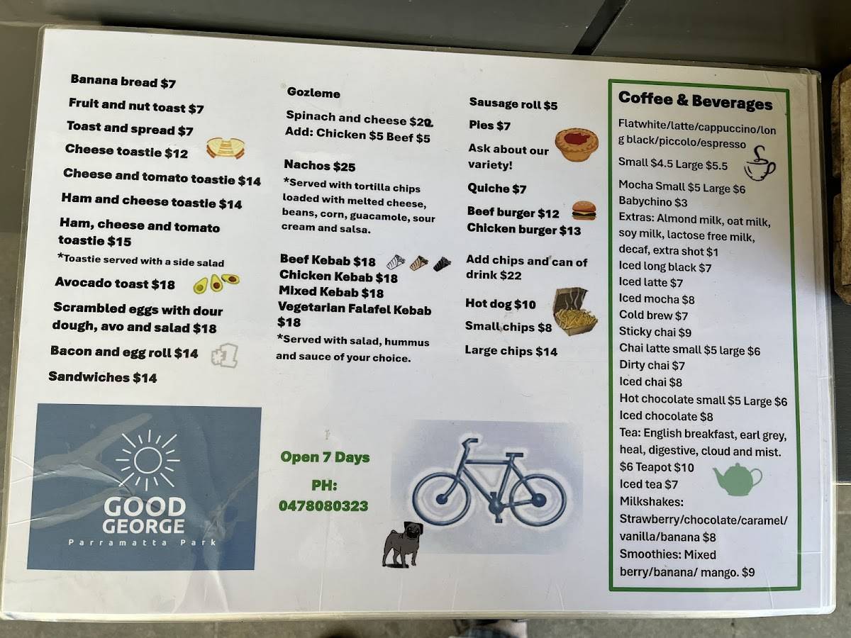 Menu at Good George cafe, Parramatta