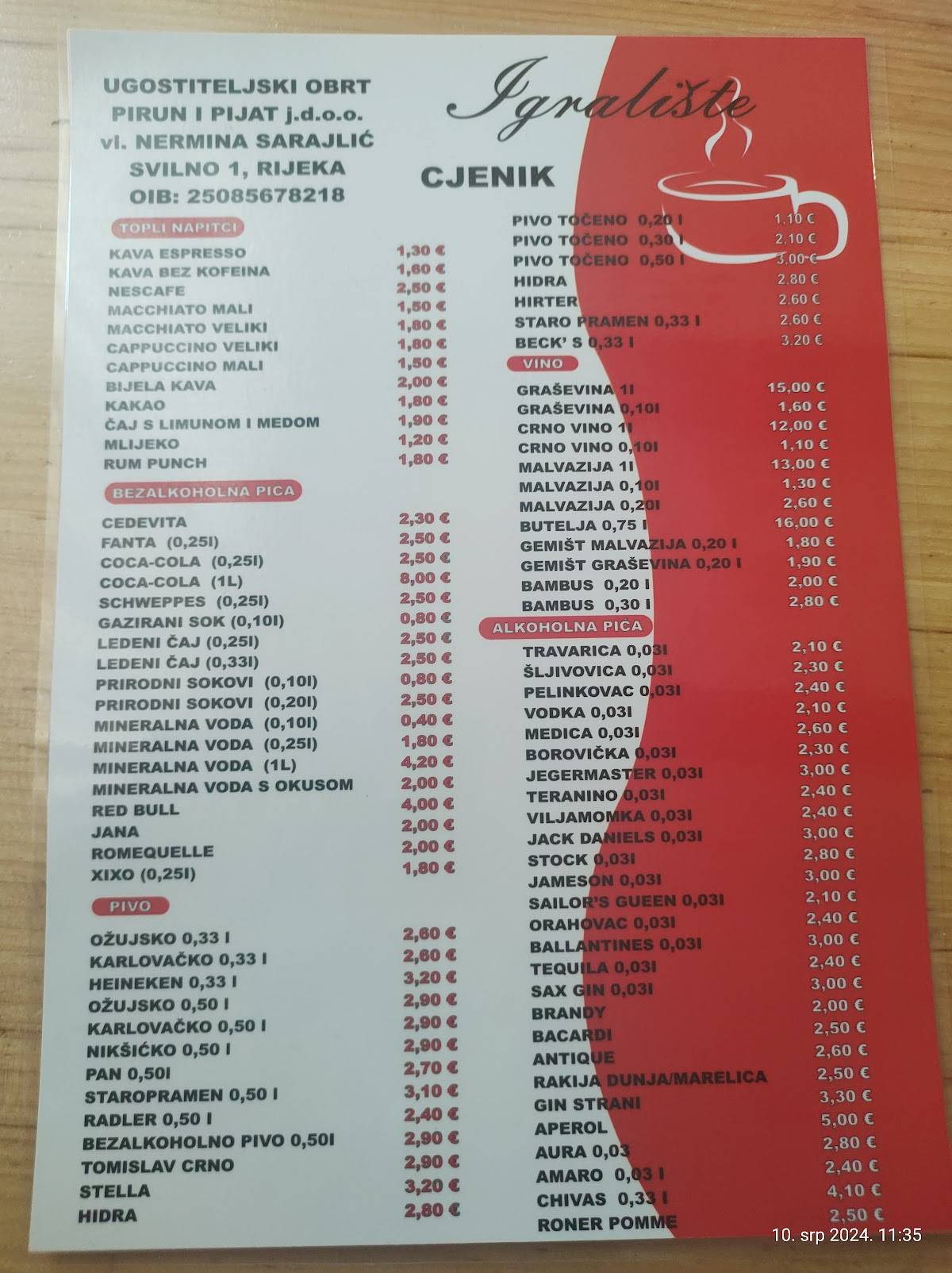 Menu di Gostionica Igralište 