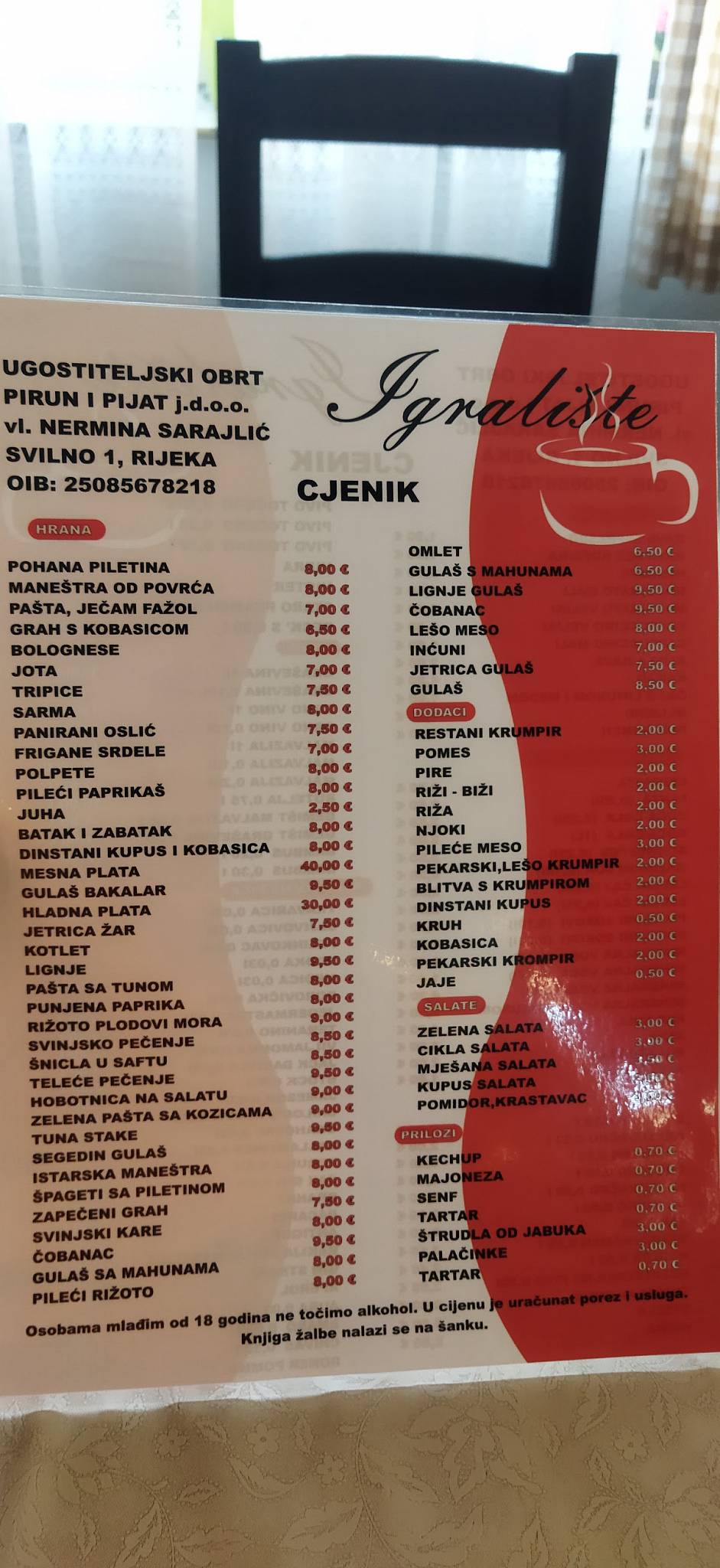 Menu di Gostionica Igralište 