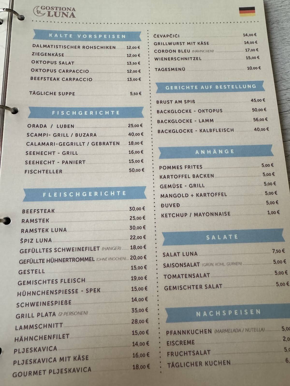 Menu di Gostionica Luna 