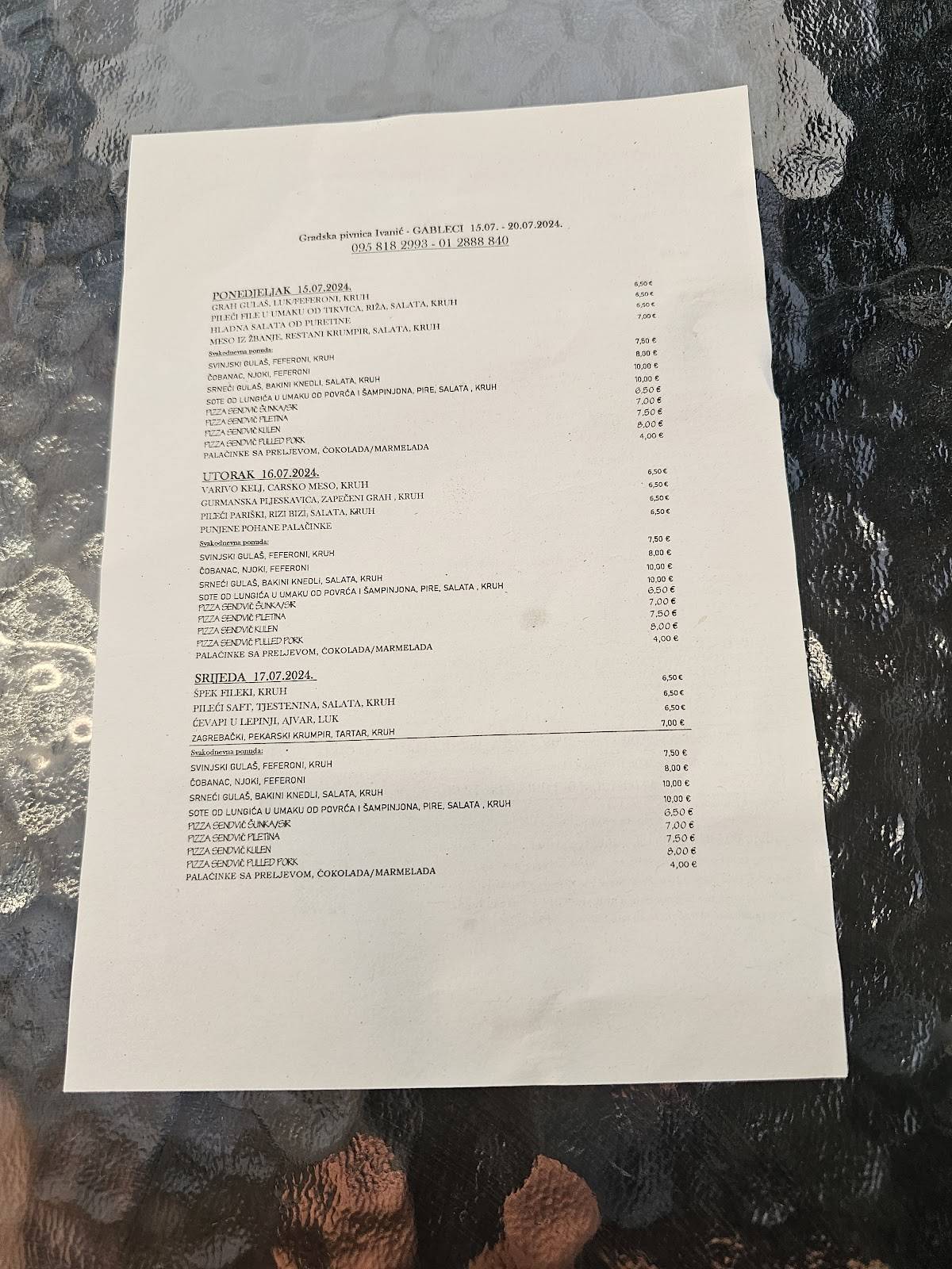 Menu di Gradska Pivnica Ivanić-Grad 