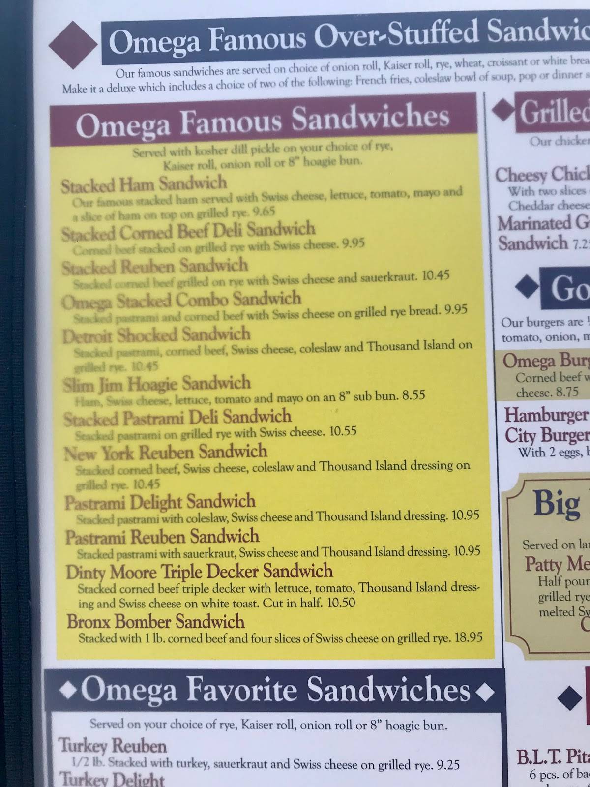 Menu at Omega Ham & Corn Beef Deli restaurant, Grand Blanc