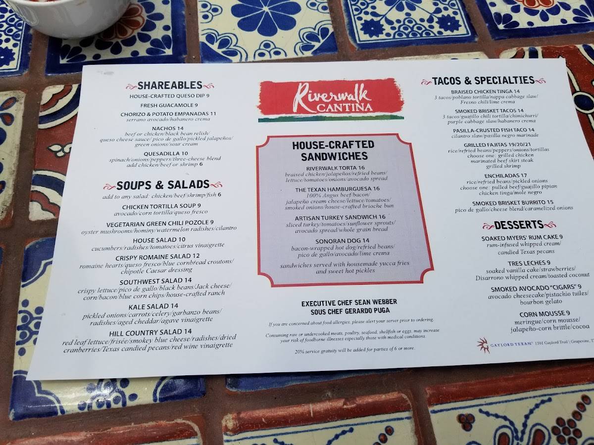 Menu at Riverwalk Cantina restaurant, Grapevine, Gaylord Trail