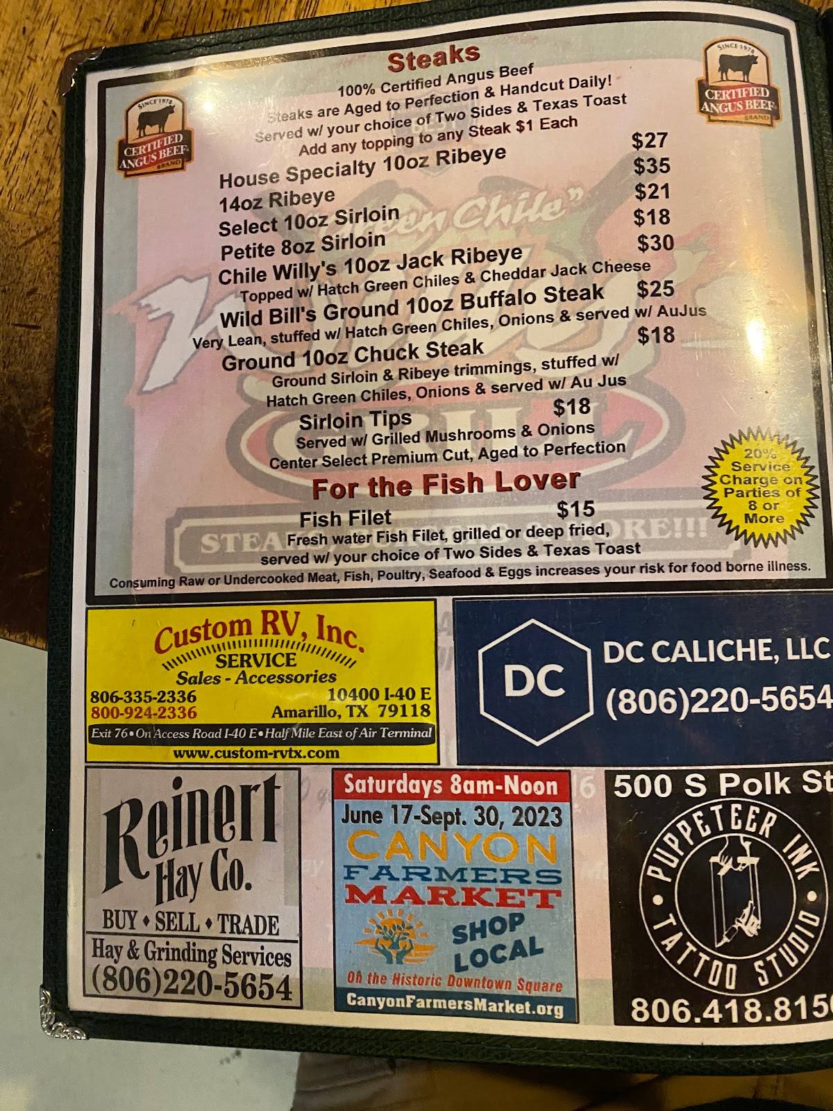 Menu at Green Chile Willy's steakhouse, Amarillo