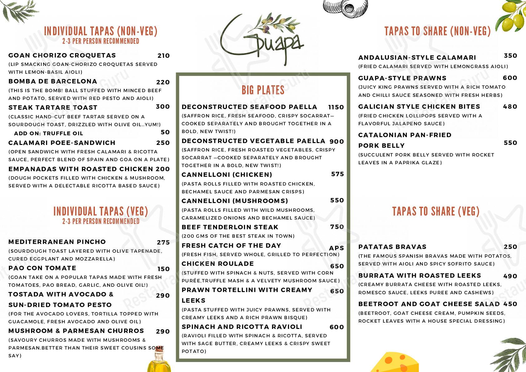 Menu for the Guapa restaurant