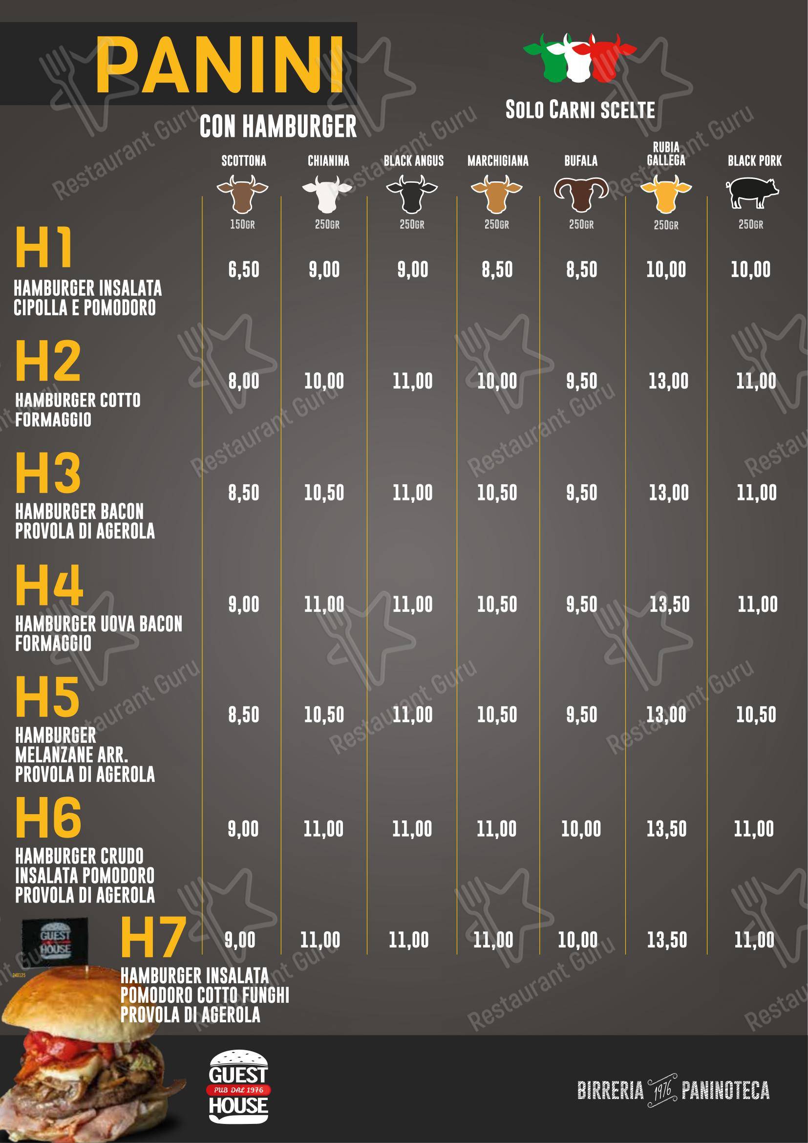 Menu pour Guest House Pub - Menu