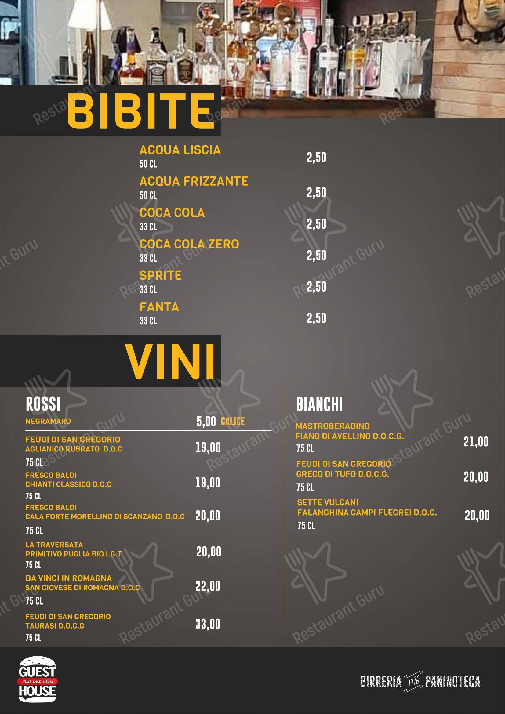 Menu pour Guest House Pub - Menu