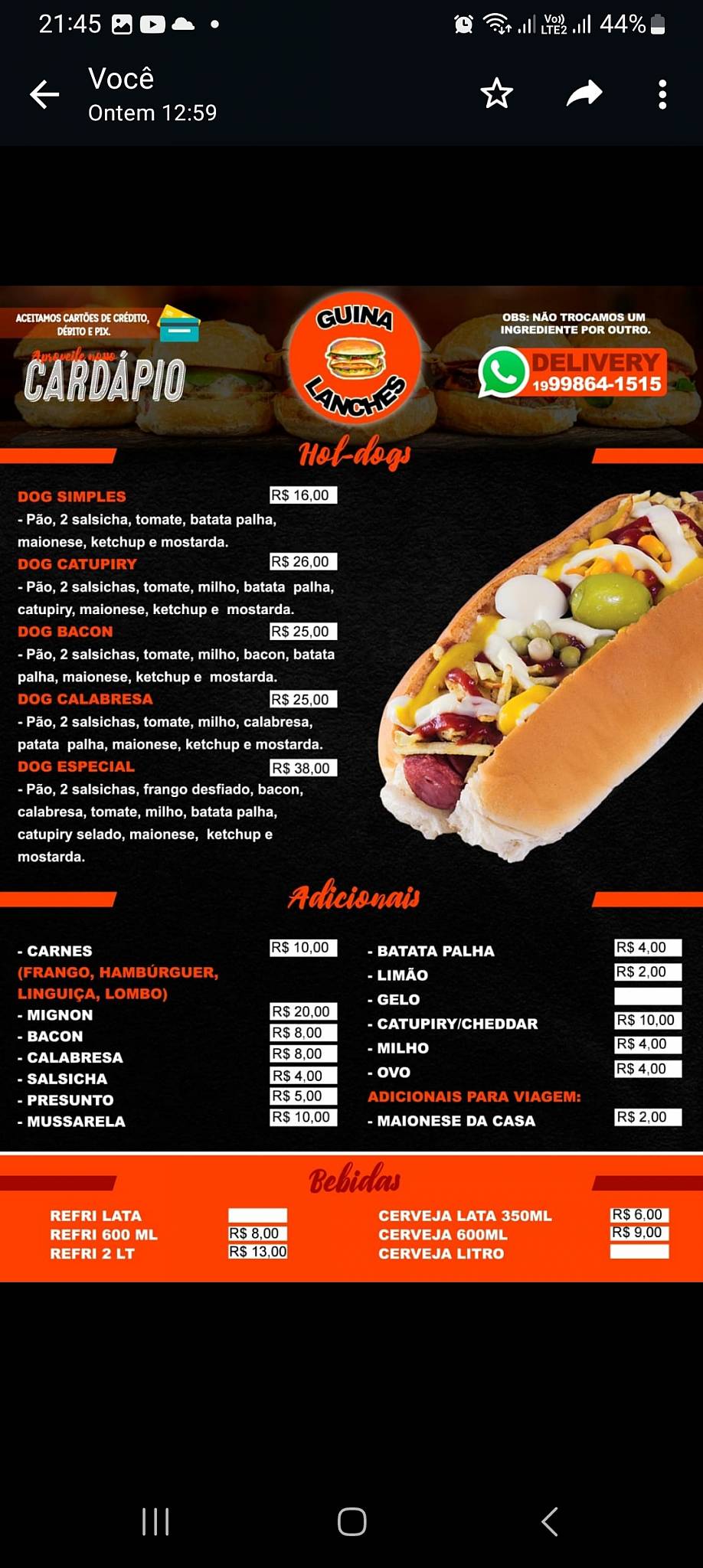 Guina Lanches. cardápio