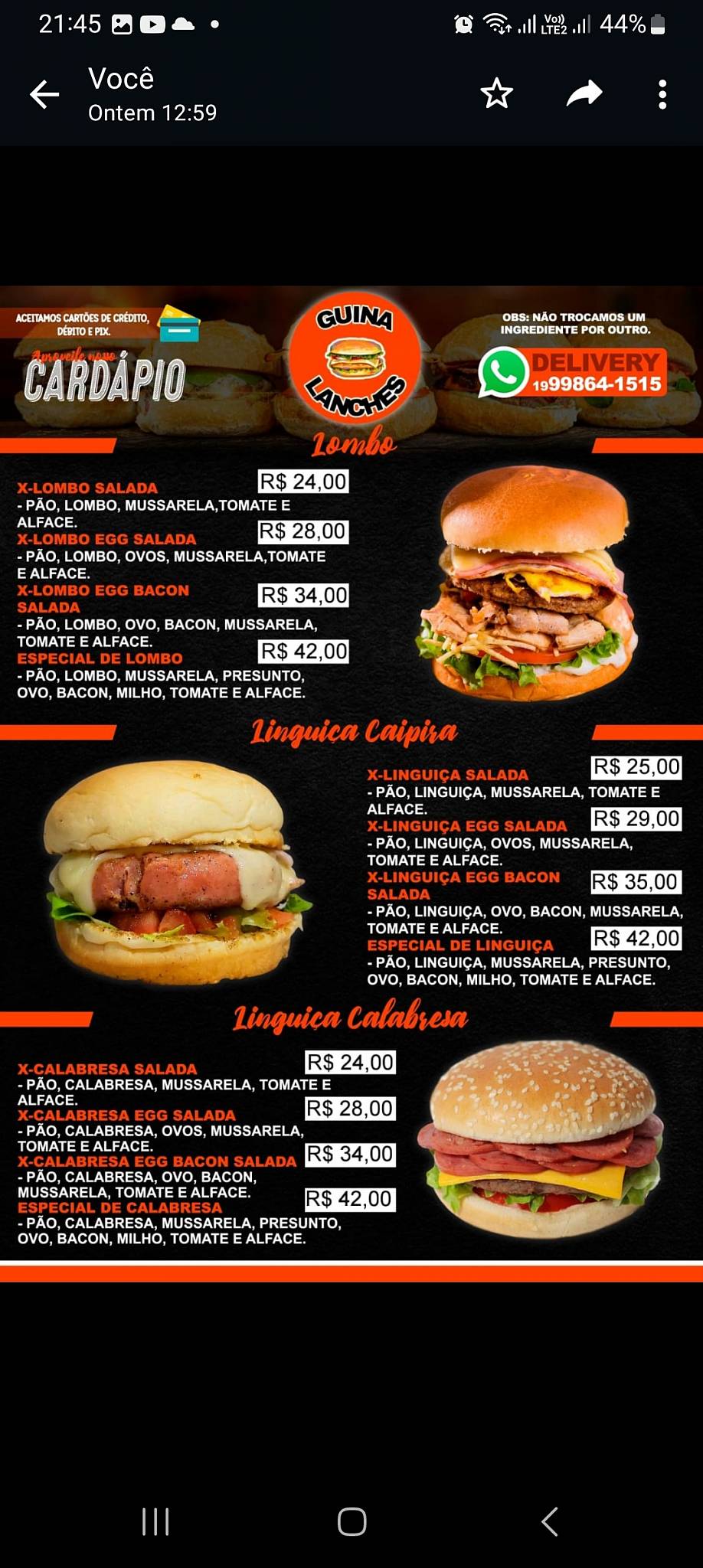 Guina Lanches. cardápio
