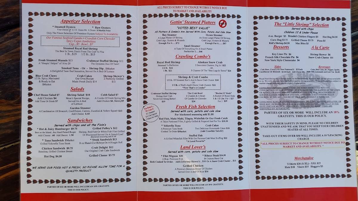 Menu at Gulf Shores Steamer restaurant, Orange Beach