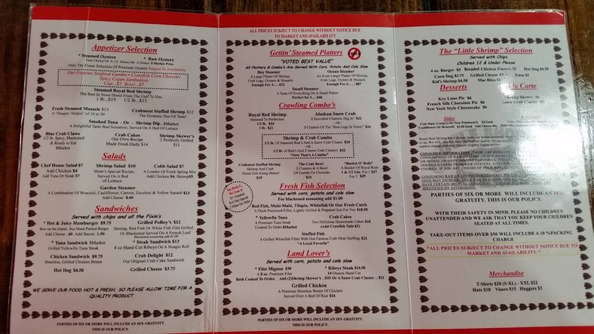 Menu at Gulf Shores Steamer restaurant, Orange Beach