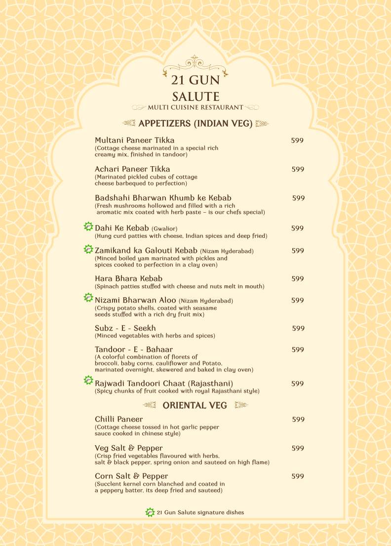 21 Gun Salute Restaurant Theme Based Family Restaurant menu