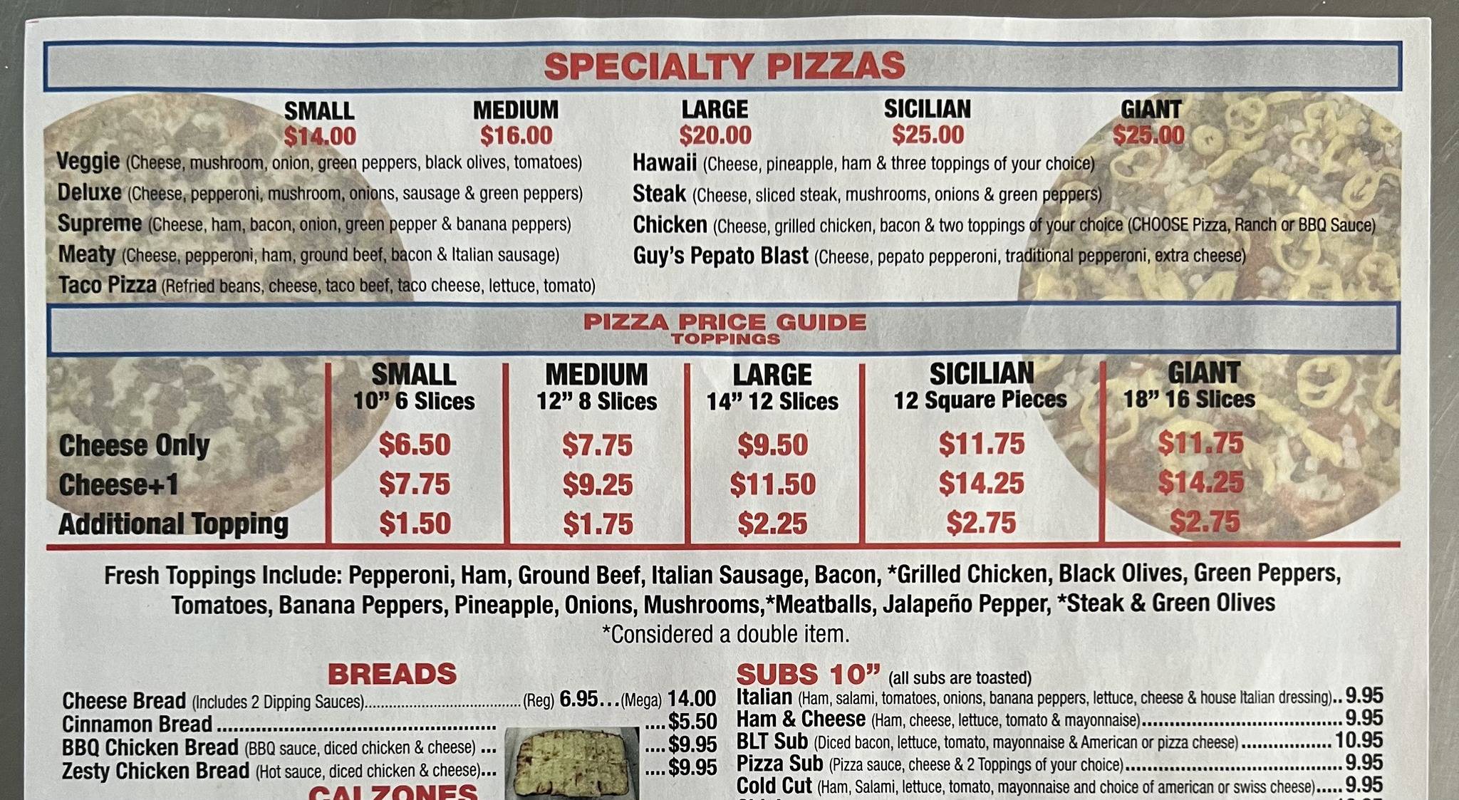 Menu at Guy's Pizza pizzeria, Toledo, Starr Ave