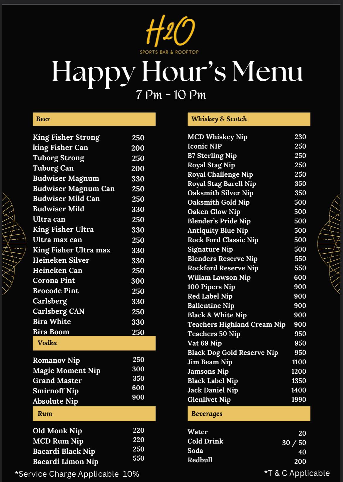 H2O Sports Bar and Rooftop menu