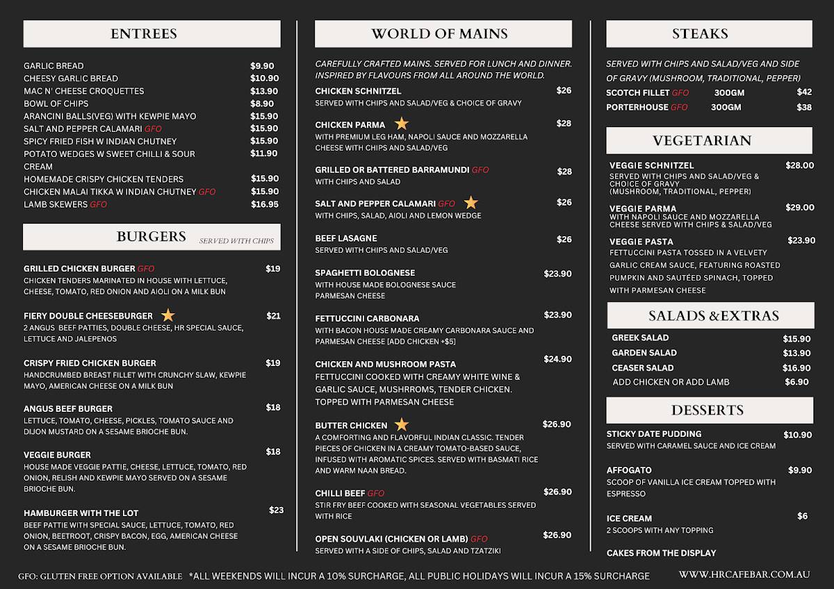 Menu at HR Cafe & Bar, Melbourne
