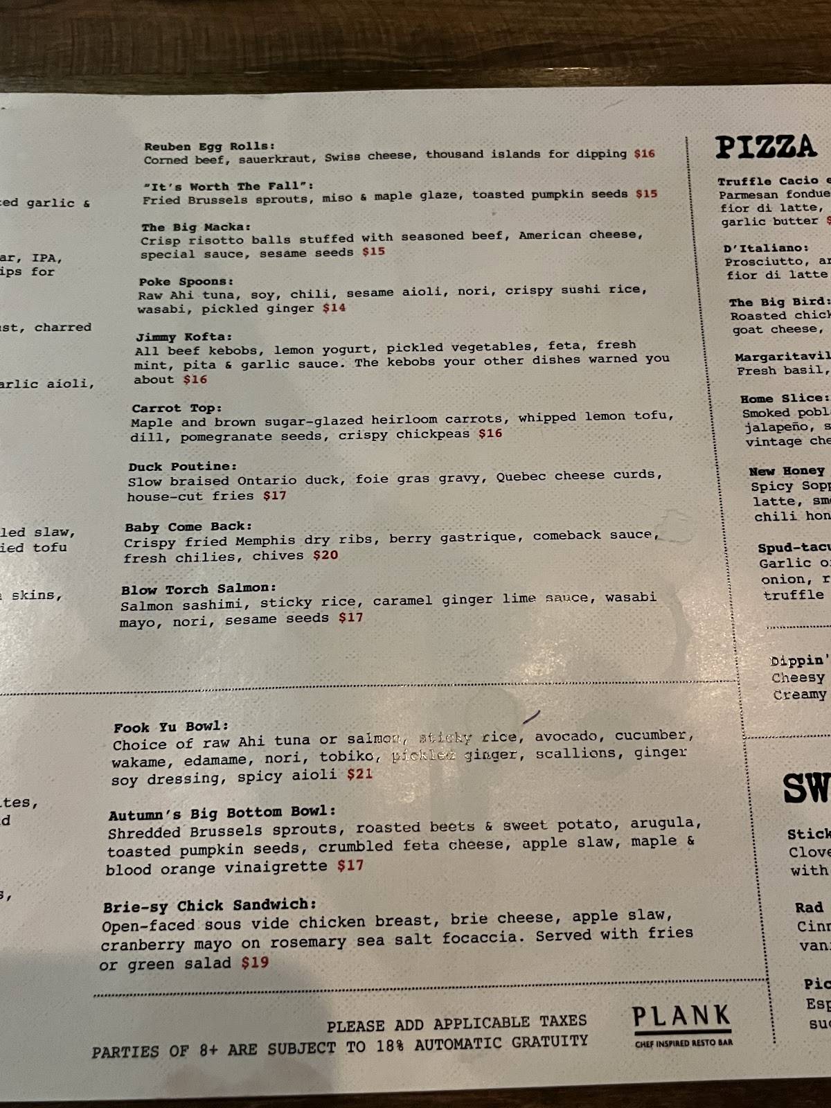 Menu de Plank Restobar Augusta