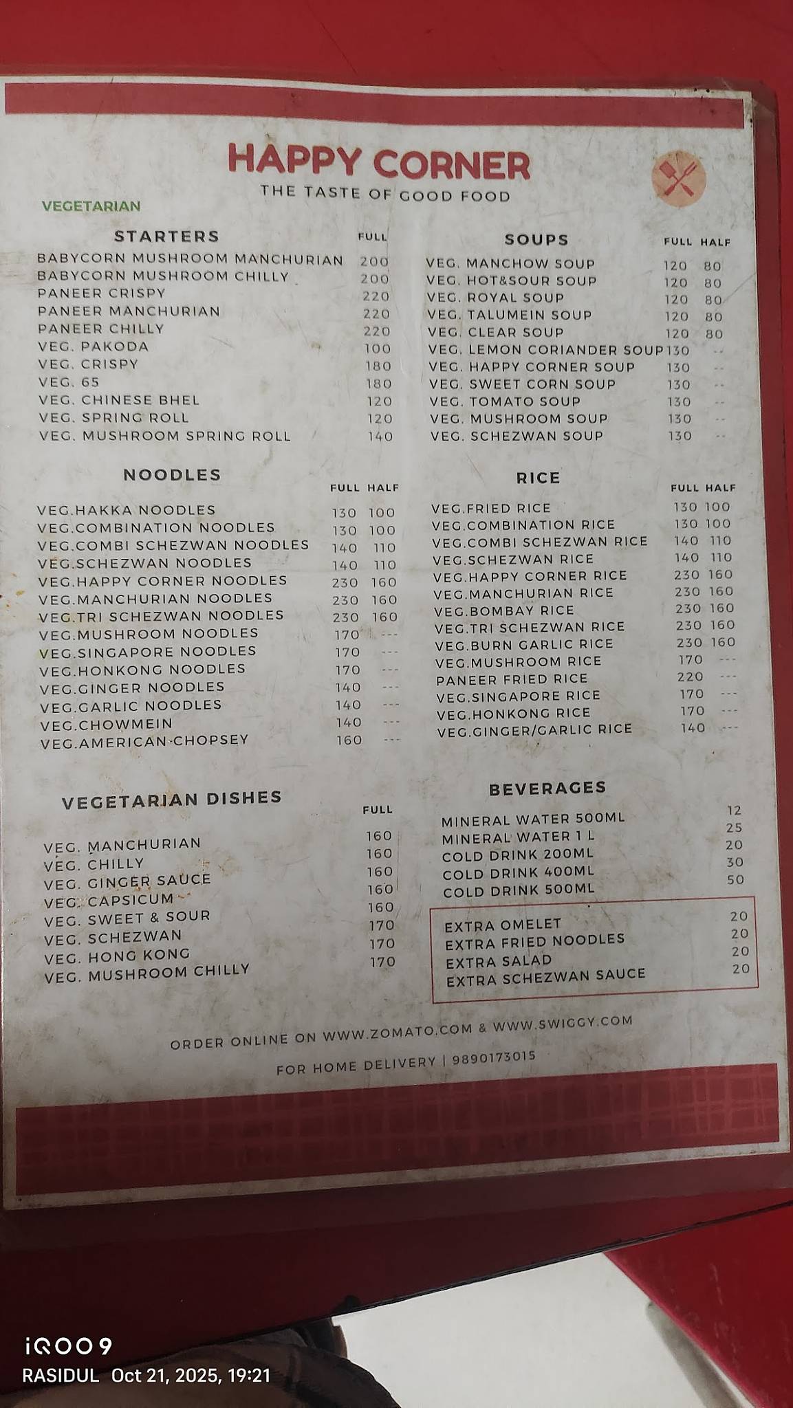 Happy Corner Chinese menu