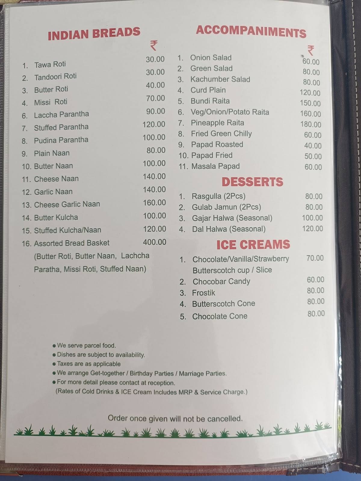 Hariyali Restaurant menu