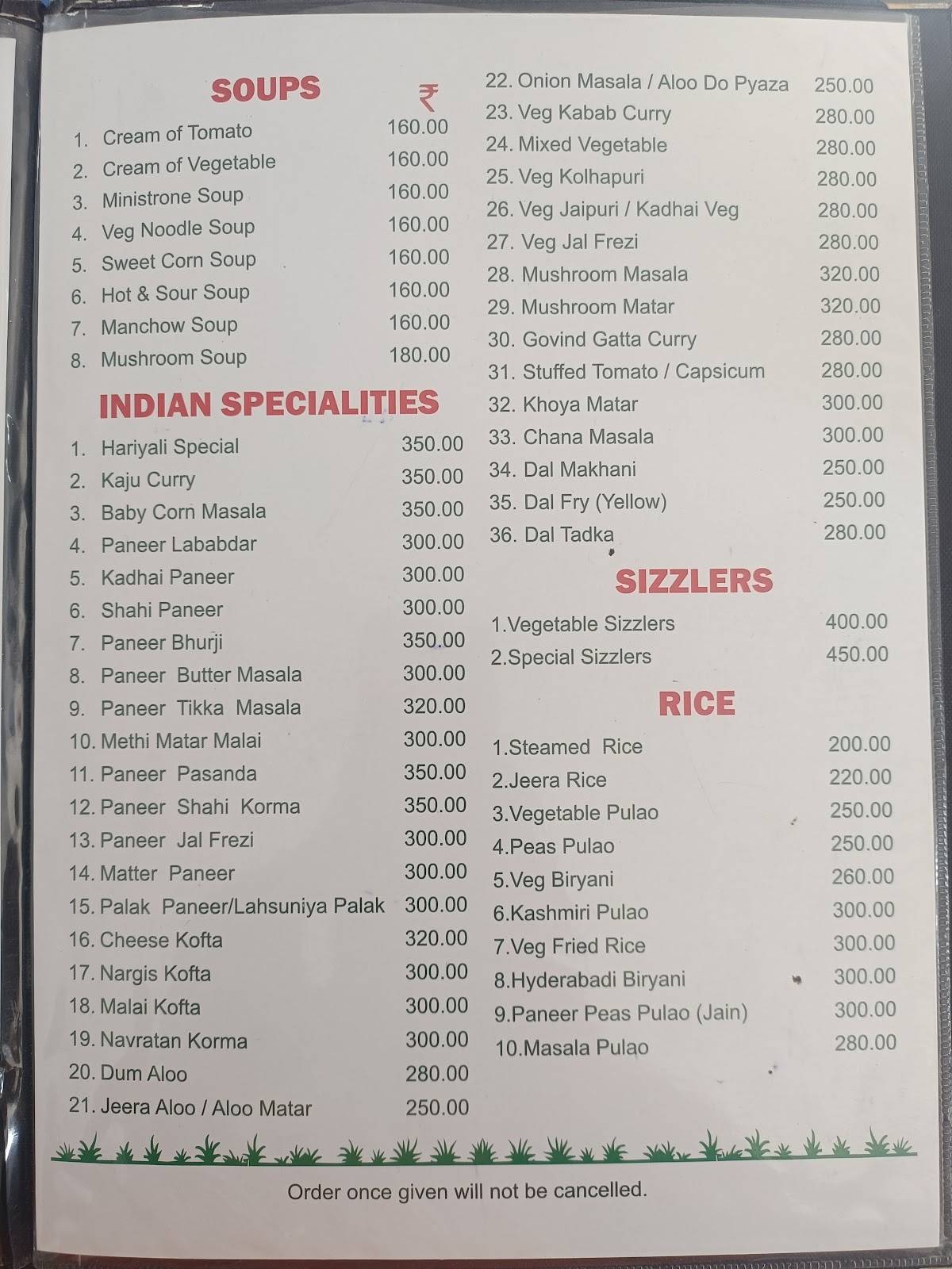 Hariyali Restaurant menu
