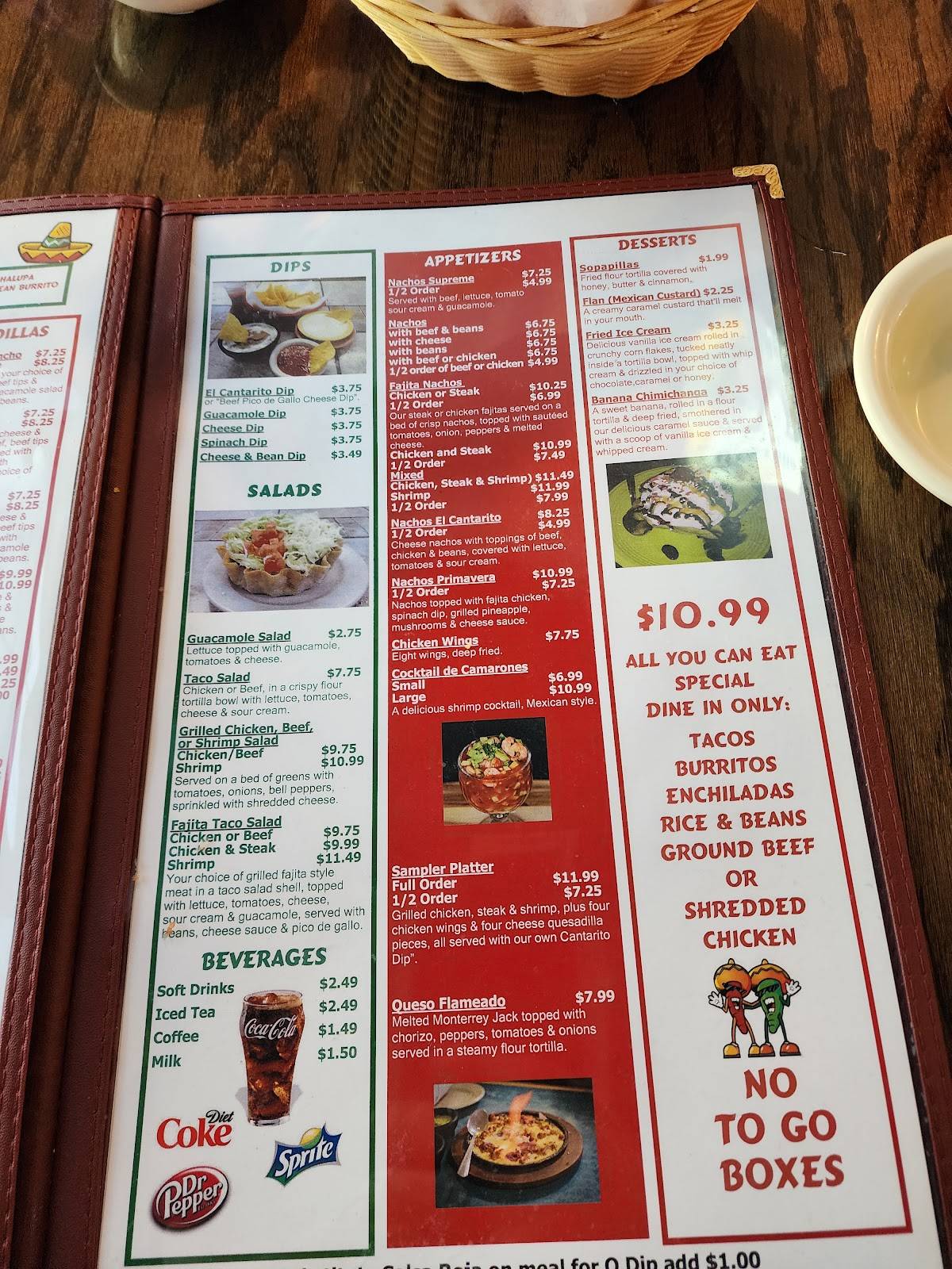 Menu at El Cantarito Mexican Restaurant, Harriman