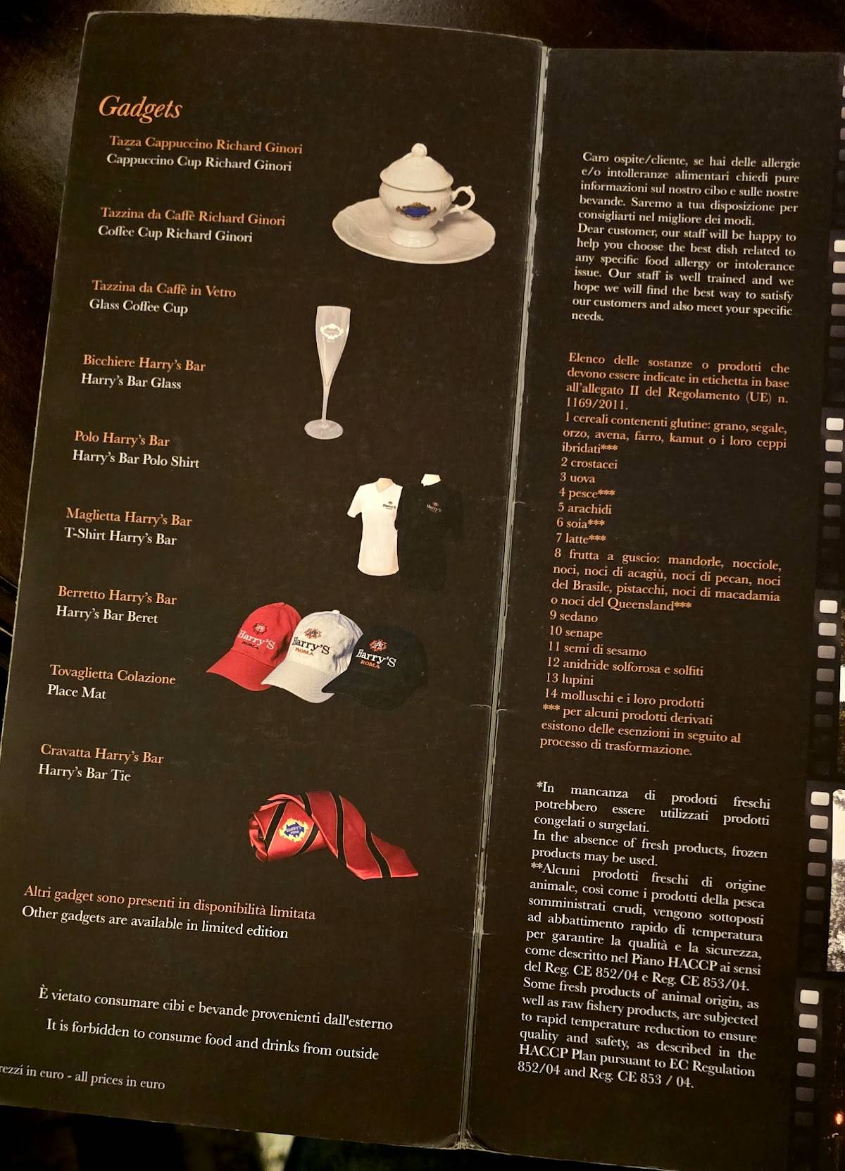 Menu di Harry's Bar Roma 