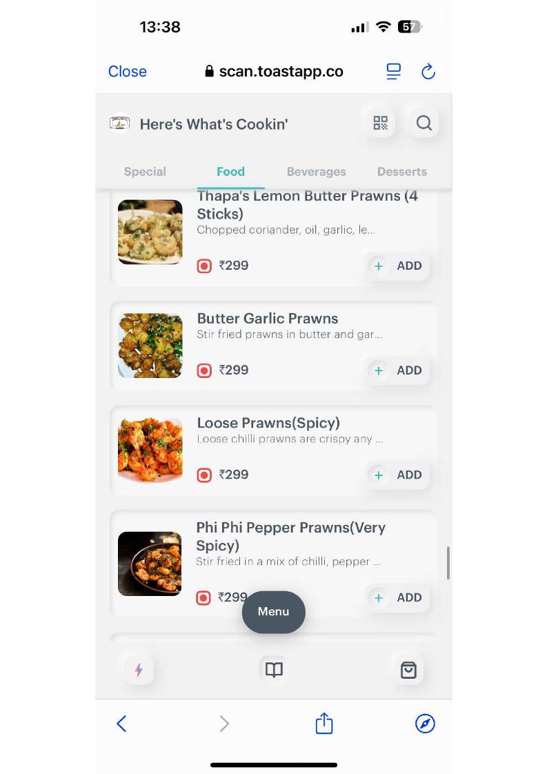 Here's What's Cookin` menu