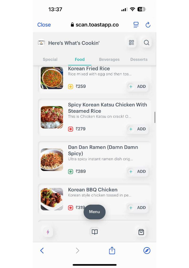 Here's What's Cookin` menu