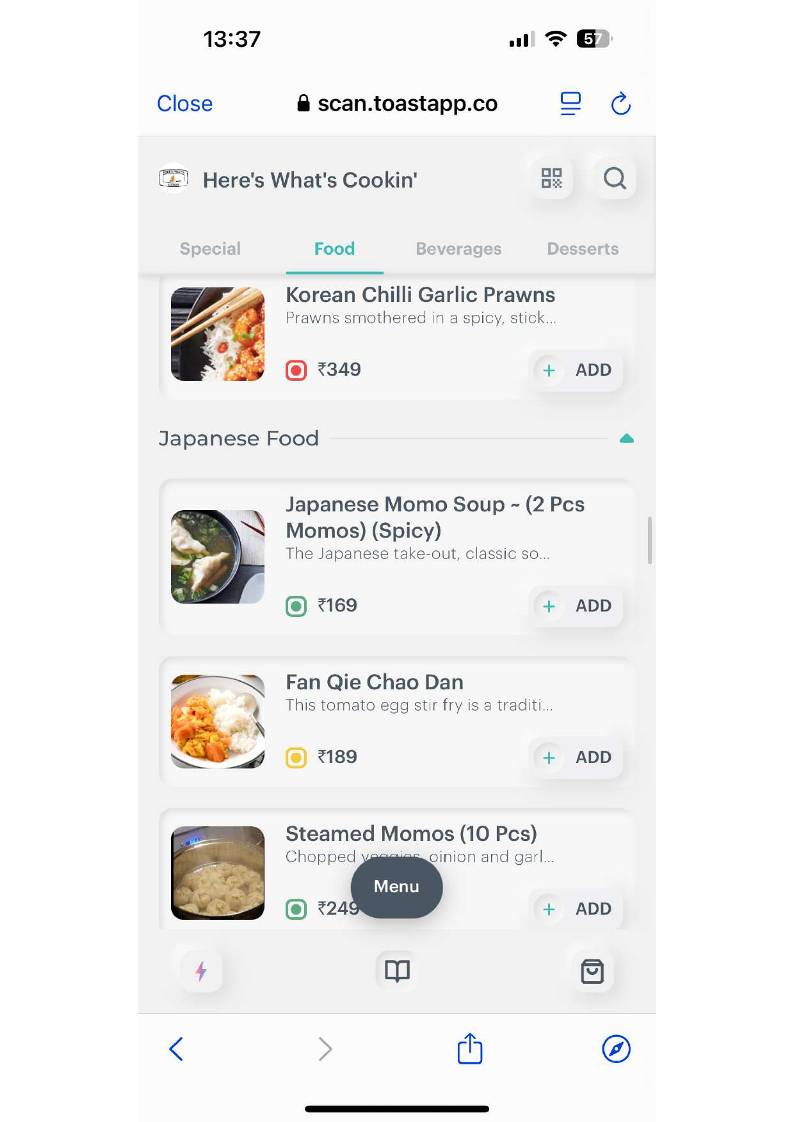 Here's What's Cookin` menu